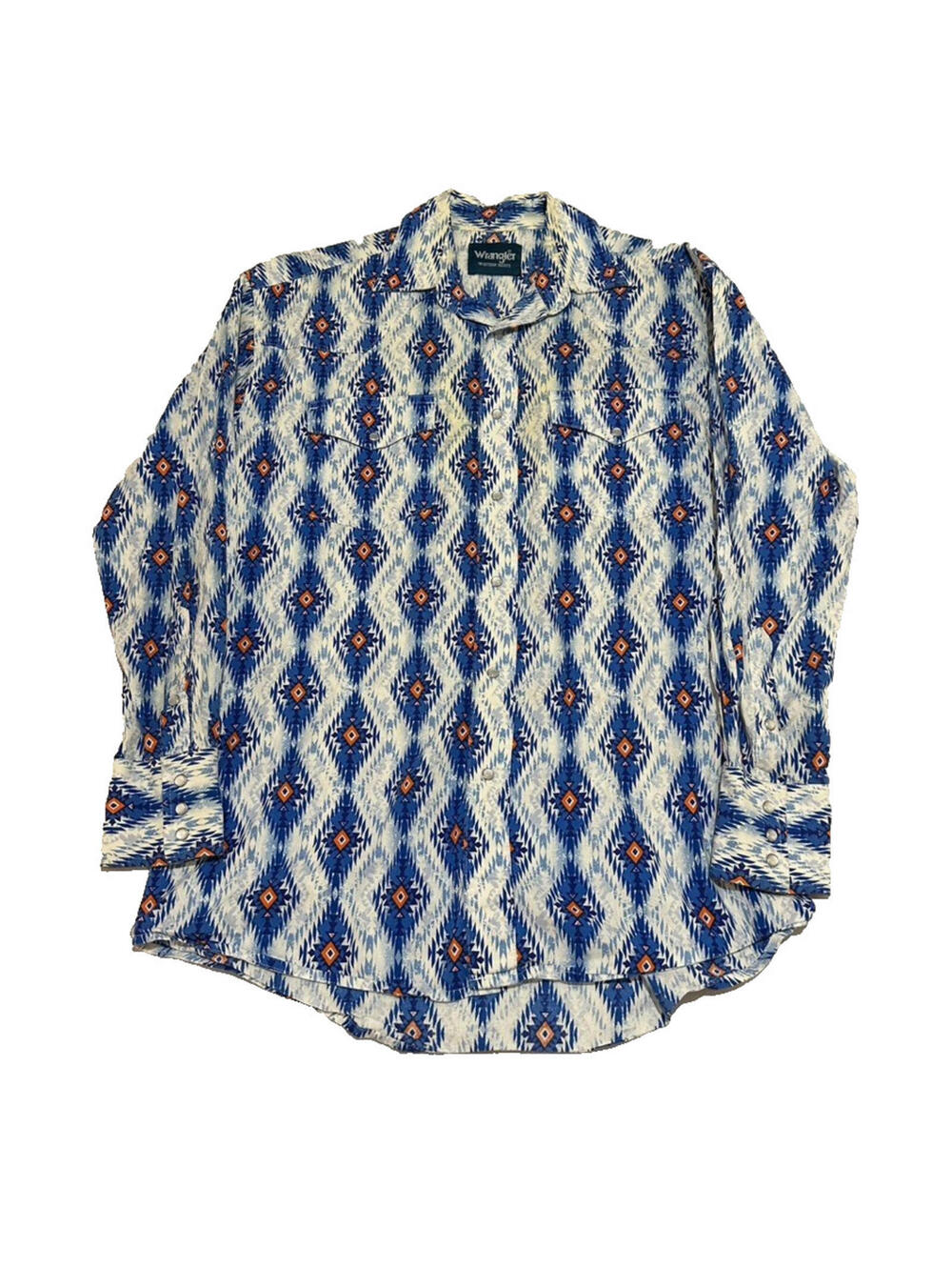 Wrangler Western Pearl Snap Aztec Geometric Southwest Blue Shirt Men Medium VTG